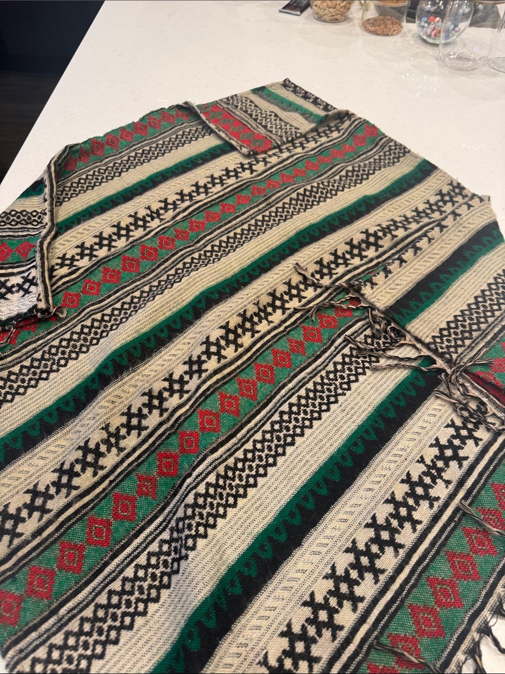 Woven Striped Cape Jacket in Green, Red & Cream poncho